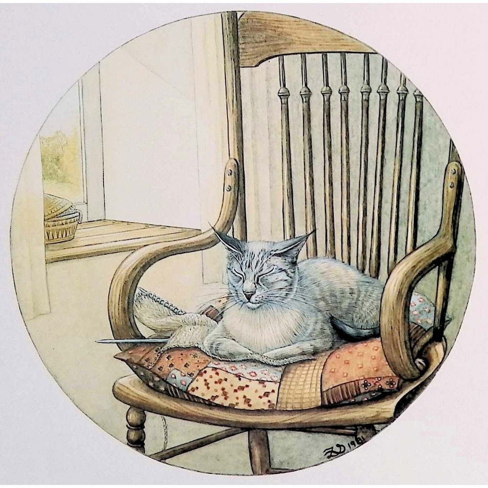 Vintage 1981 Art Book Plate Cat Knitting Rocking Chair Wall Decor Cottagecore